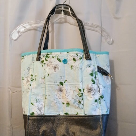 New Boho Roses Floral Tote Shopper shoulder Bag Blue Gray Double handle Carryall - Picture 3 of 12
